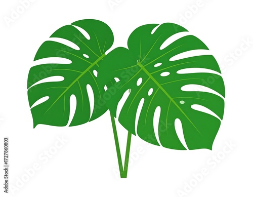 Two vibrant monstera leaves against a white background