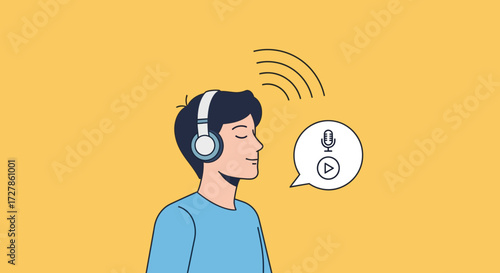 Young person wearing headphones listening to audio content with a thought bubble depicting a microphone and play button symbol