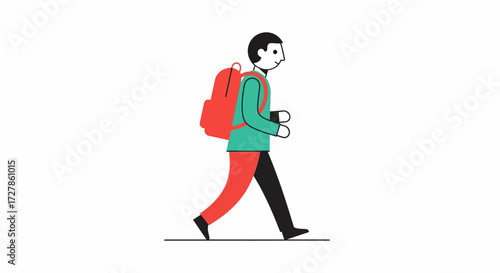 Minimalist vector illustration of a person walking with a red backpack, representing concepts like travel, daily commute, student life, or urban exploration