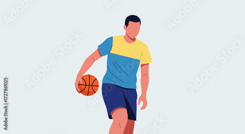 Vibrant minimalist illustration of a male athlete skillfully dribbling a basketball, capturing the essence of an active sport and competitive spirit