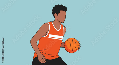 Vibrant digital illustration of a young male basketball player in an orange jersey, actively dribbling the ball with focus and athletic motion, set against a clean, minimalist background