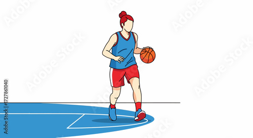 Young woman playing basketball on a court, dribbling the ball with focus and determination