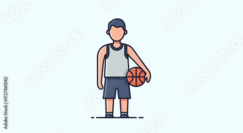 Minimalist flat line illustration of a basketball player standing with a ball, representing sports, fitness, and an active lifestyle