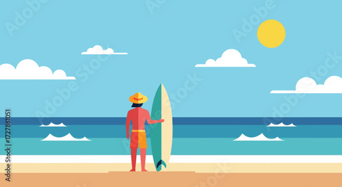 Serene Beach Day Surfer Contemplates the Ocean with Surfboard in Hand, Under Sunny Sky