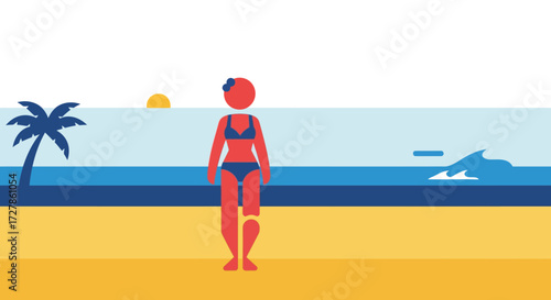 A vibrant illustration captures a woman in a bikini standing on a beach with the ocean and palm trees in the background