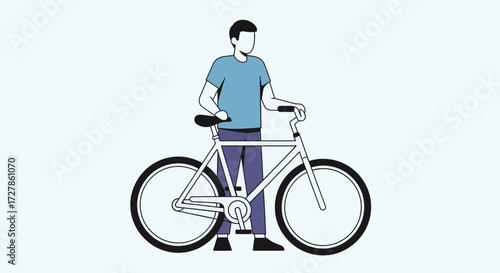 Man standing next to a bicycle, ready to ride, simple and clean design, outdoor recreation