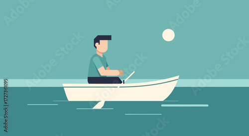 A man working remotely on a laptop in a boat on the open sea, a flat design illustration concept for digital nomads, freelancing, and work-life balance