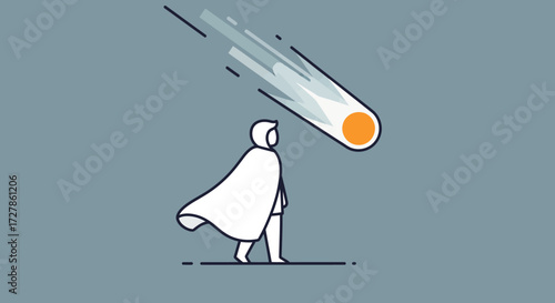 Person Standing Underneath a Meteor Shower, Cartoon Illustration, Protection Concept