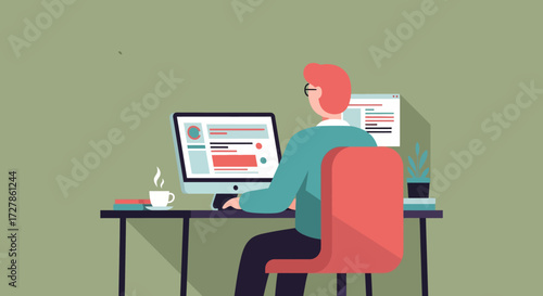Person Working at Desk with Computer and Additional Monitor A Detailed Illustration