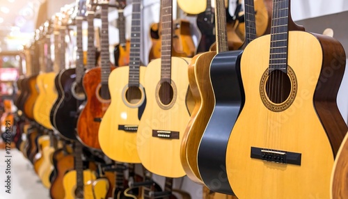Acoustic guitars hanging in a music store