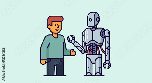 Flat design illustration of a human and a robot interacting, symbolizing the collaborative future of artificial intelligence, technology, and evolving human-machine relationships