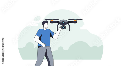 Vector illustration of a male character holding a quadcopter, representing modern technology for aerial photography and remote operation