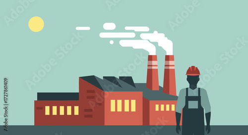Industrial Factory with Worker in Front of Smokestacks Under a Bright Sun