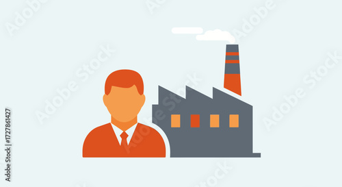 Illustration of a businessman standing in front of a factory, symbolizing industry and commerce