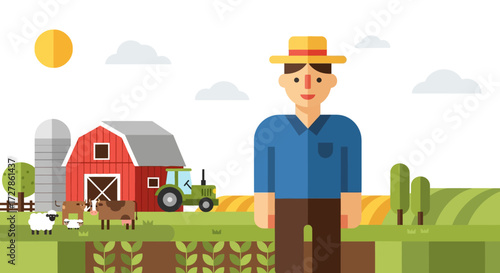 Farmer in a straw hat standing in a green field with a red barn, tractor, silo, and farm animals, depicting agricultural life