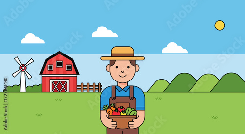 Farmer Holding Basket of Fresh Produce in Front of a Barn on a Sunny Day, Rural Agricultural Scene