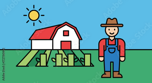 Rural Life A Cartoon Farmer's Daily Grind in the Countryside Field with Barn, Sun, and Growing Plants