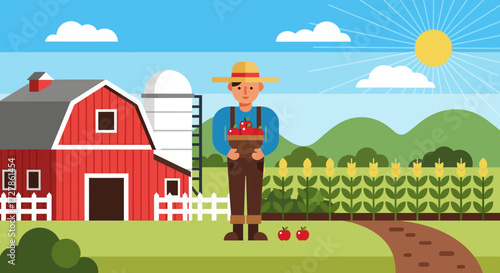 Farmer holding basket of fresh tomatoes in front of a farm building, cornfield, and rolling hills under a sunny sky