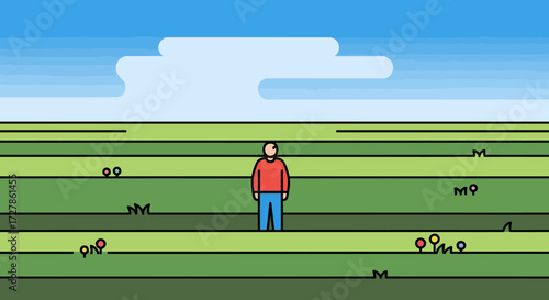 A lone figure stands centered in a vast, minimalist striped green field under a clear blue sky, evoking themes of introspection, potential, and the quiet simplicity of an open landscape