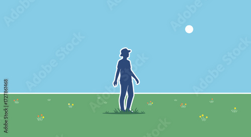 Serene vector illustration of a solitary figure in a hat standing in a vast, minimalist field with colorful wildflowers under a clear sky