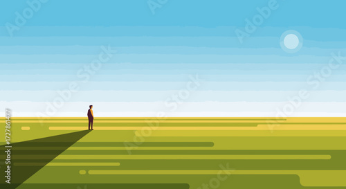 A lone figure stands in a vast, sunlit field, casting a long shadow under a clear blue sky with a distant sun