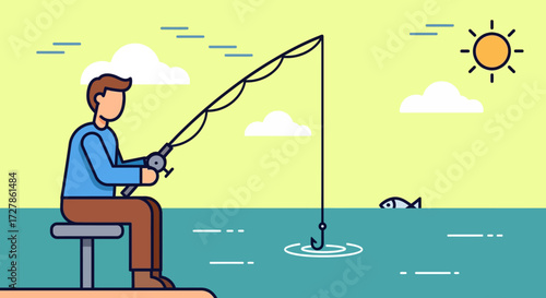 A minimalist flat design illustration depicting a person enjoying a peaceful day of recreational fishing by the water, with a fish approaching the bait under a bright sunny sky