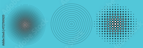 Black concentric circle set. Sonar or sound wave ring collection. Dotted and linear epicentre, target, radar icon concept. Ripple radial signal or vibration elements. Vector line and halftone symbols