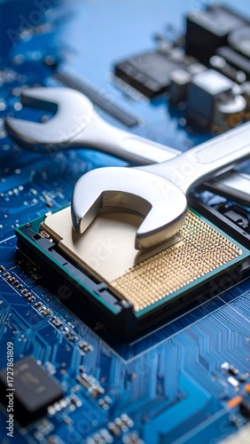 Close-up of computer processor and tools