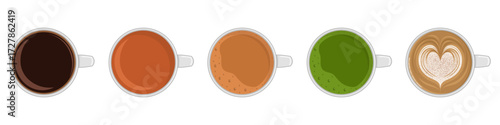 Set of five hot drinks including black coffee, cappuccino, milk tea, matcha green tea, and hot tea. Perfect for cafe menu, restaurant branding, or beverage illustration.