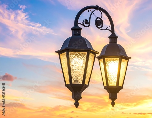 Two vintage-style lanterns against a vibrant sunset sky
