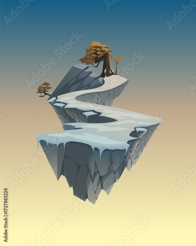 Vector illustration of a fantasy island with a snowy path leading to a beautiful big tree