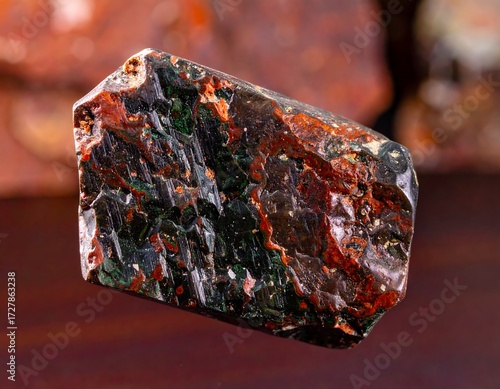 Close-up of a multifaceted, dark red and green stone