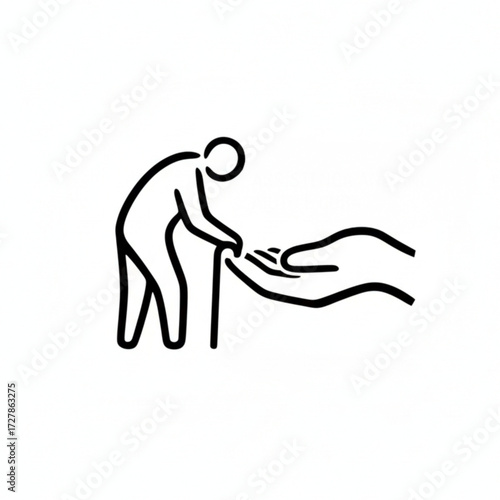Vector icon of elderly care and support – Helping hand for senior person with cane, symbol of assistance and social aid