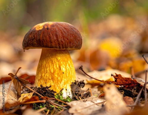 Close-up of a mushroom in autumn leaves