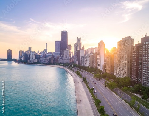 City skyline at sunset over a lake