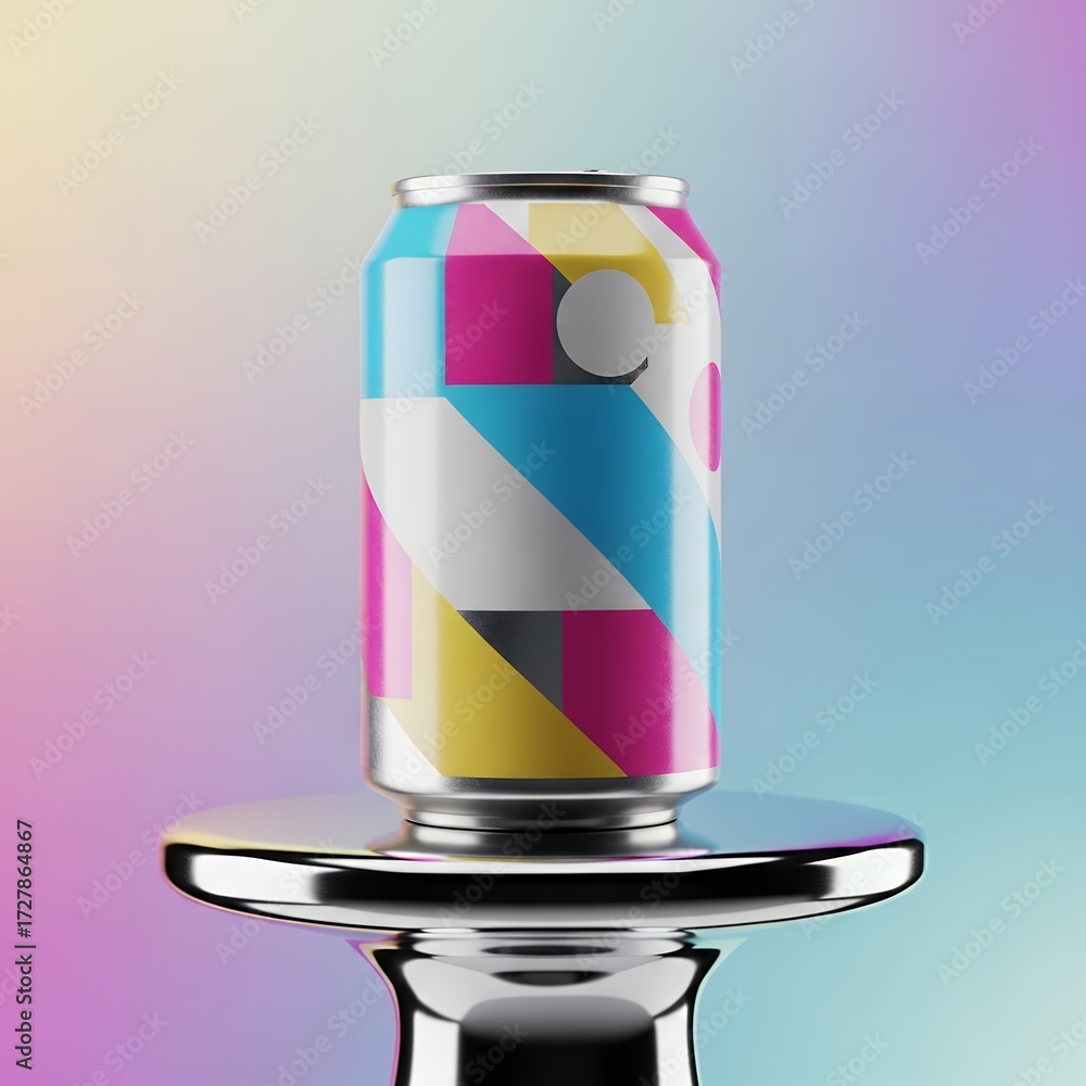 Fototapeta premium Colorful Geometric Can Mockup on Silver Pedestal for Product Presentation.