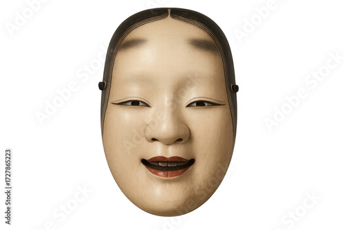 Traditional japanese noh ko-omote mask with smiling expression