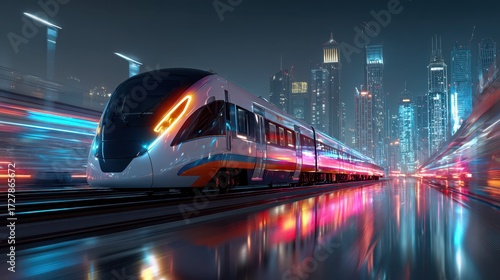 Futuristic high speed train moving through modern city at night with illuminated skyscrapers, colorful neon lights, and reflections on wet tracks