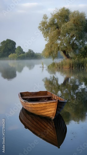 Wooden boat on calm lake at dawn