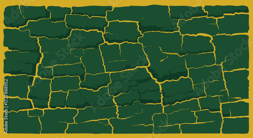 Dark green cracked wall texture with yellow grout lines for background design use
