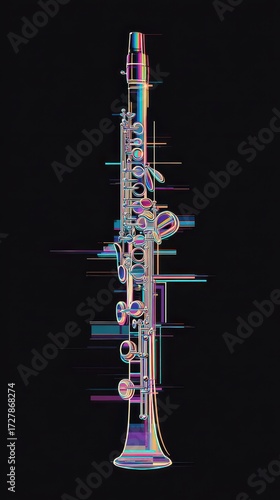Glitched Clarinet Silhouette with Vibrant Chromatic Aberration on Black Background.