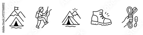 mountaineering and camping outline icons , tent, climber, trek boot, rope