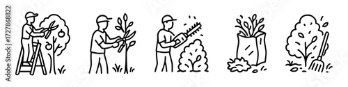 tree trimming line icons , pruning, chainsaw, cleanup, bag