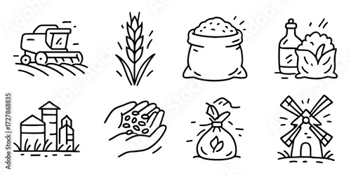 grain farming line icons, harvester, wheat, sack, silo, mill