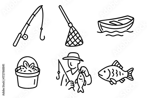 fishing gear line icons ,rod, net, boat, bucket, catch