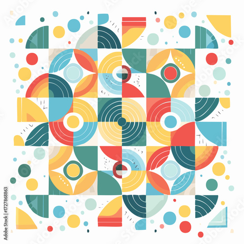 Geometric Pattern: A captivating abstract composition, employing a variety of colorful shapes and forms to create a dynamic and visually striking design. 