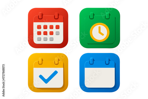 A vibrant set of colorful calendar icons, each representing a unique aspect of scheduling and time management. These symbols suggest organization, planning.