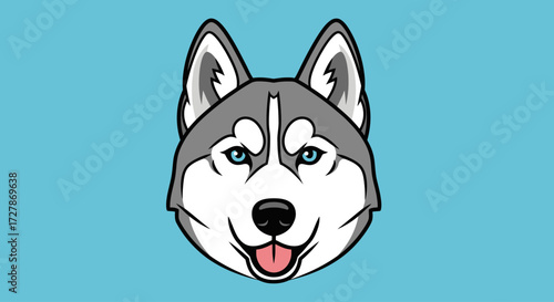 A cartoon illustration of a happy Siberian Husky dog's head with blue eyes on a light blue background.