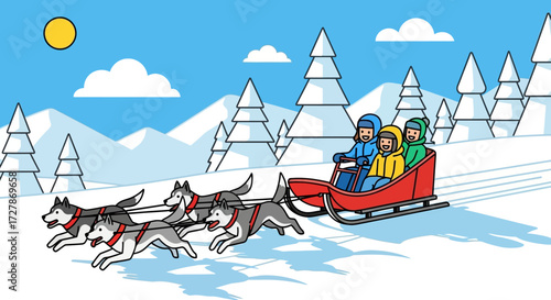 A joyful family enjoys a thrilling dog sled ride through a snowy winter landscape with snow-covered trees and mountains under a bright sun.