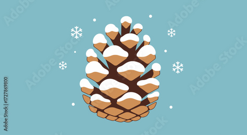 A stylized illustration of a brown pinecone covered in white snow with snowflakes falling against a light blue background.